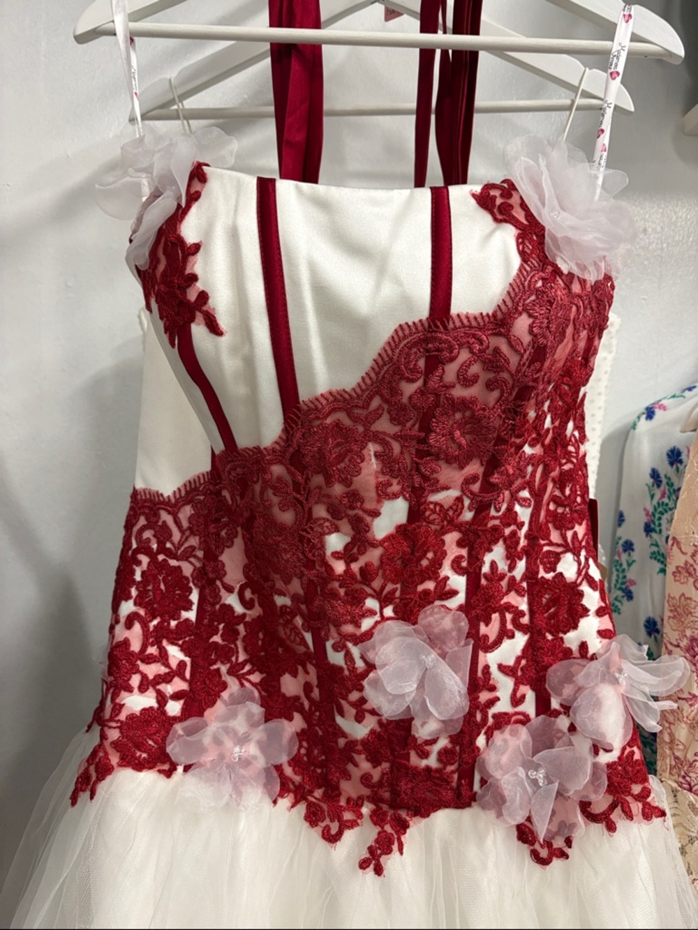 White and Red Floral Lace Wedding Dress